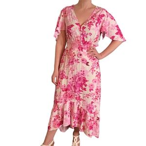 ABEL THE LABEL | SIZE: SMALL | STUNNING WHITE/PINK FLORAL MAXI HIGH-LOW DRESS